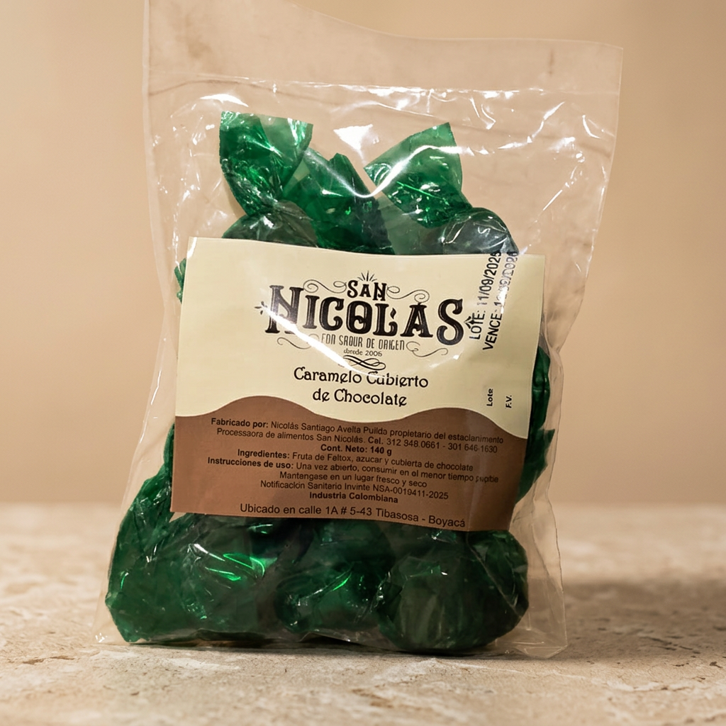 Bolsa de caramelos con cubierta de chocolate San Nicolás en una ambientación cálida y artesanal.